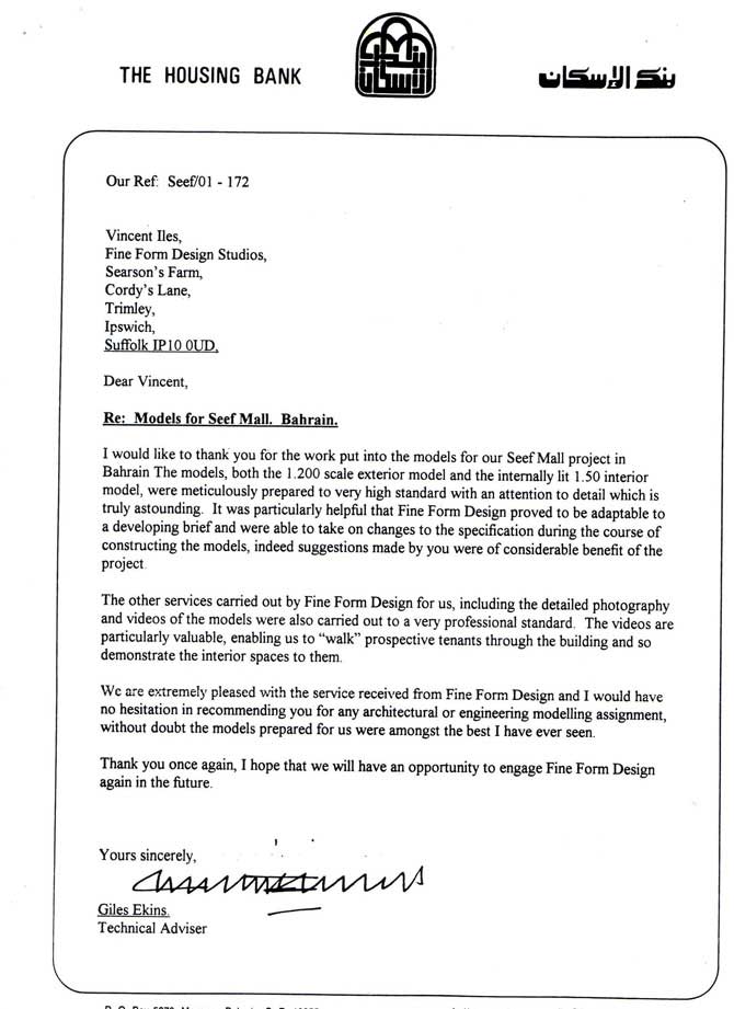 Testimonial letter from The Housing Bank, Bahrain