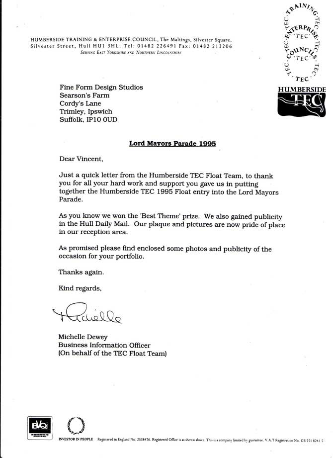 Testimonial letter from Humberside Training & Enterprise Council