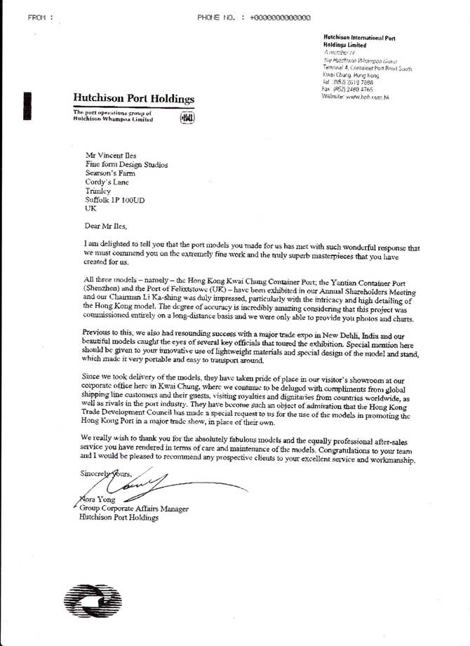 Testimonial letter from Hutchinson Port Holdings