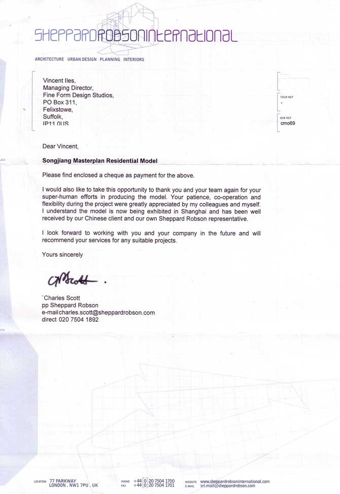 Testimonial letter from Sheppard Robson International