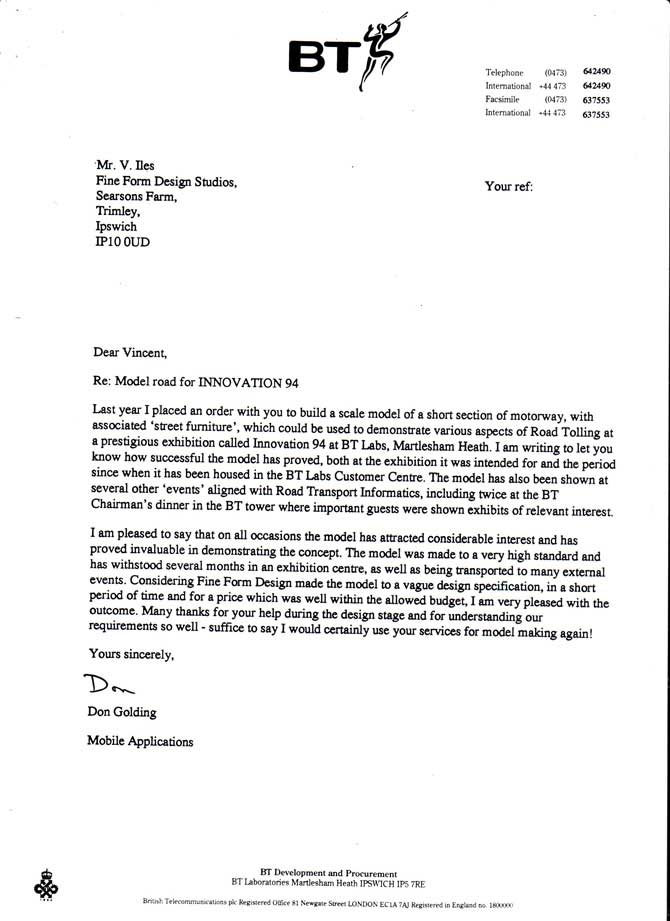 Testimonial letter from British Telecom