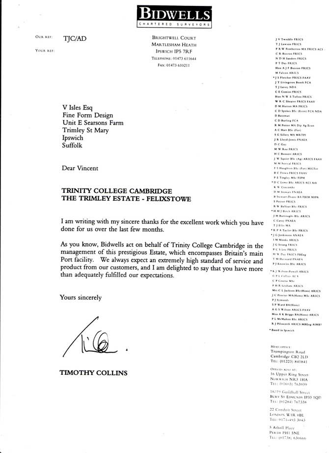 Testimonial letter from Bidwells Surveyors