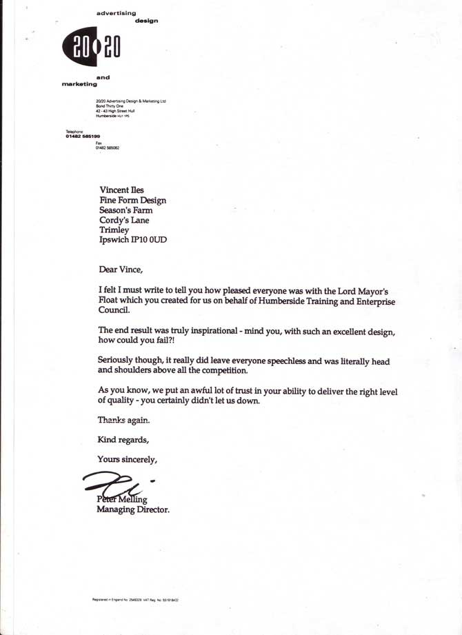 Testimonial letter from 20/20 Advertising Design and Marketing